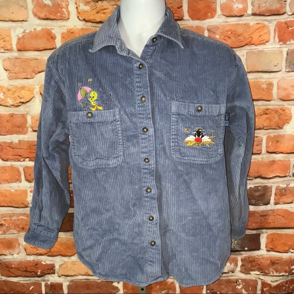 Looney Tunes vintage button up corduroy shirt blue small tweety Sylvester - Picture 1 of 9